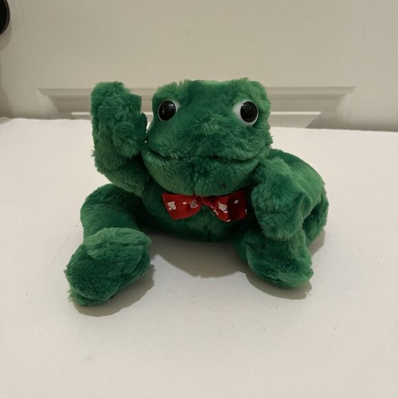 Vintage Main Joy Leaping Heart Love Collar Green Frog Plush Stuffed Animal 6" - Picture 2 of 10